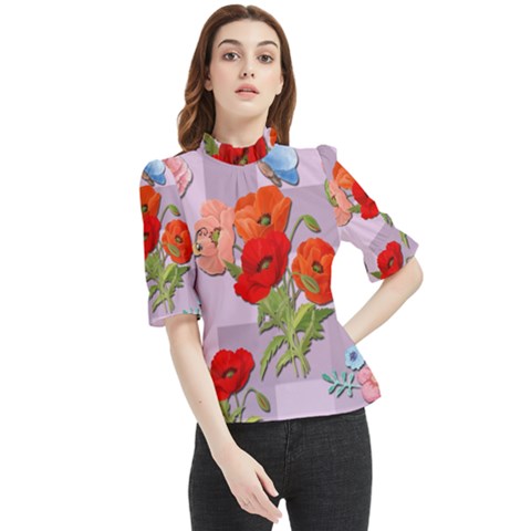 Seamless Pattern With Roses And Butterflies Frill Neck Blouse by shoopshirt