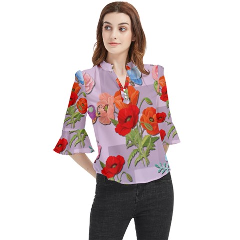 Seamless Pattern With Roses And Butterflies Loose Horn Sleeve Chiffon Blouse by shoopshirt