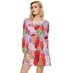 Seamless Pattern With Roses And Butterflies Tiered Long Sleeve Mini Dress