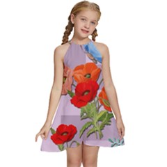 Seamless Pattern With Roses And Butterflies Kids  Halter Collar Waist Tie Chiffon Dress