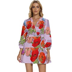 Seamless Pattern With Roses And Butterflies V-neck Placket Mini Dress by shoopshirt