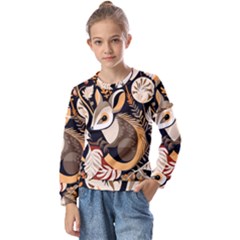 Vintage Possum Pattern Kids  Long Sleeve T-shirt With Frill 