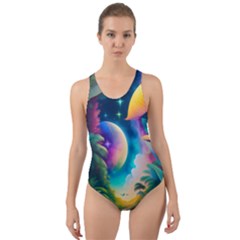 Jungle Moon Light Plants Space Cut-out Back One Piece Swimsuit by uniart180623