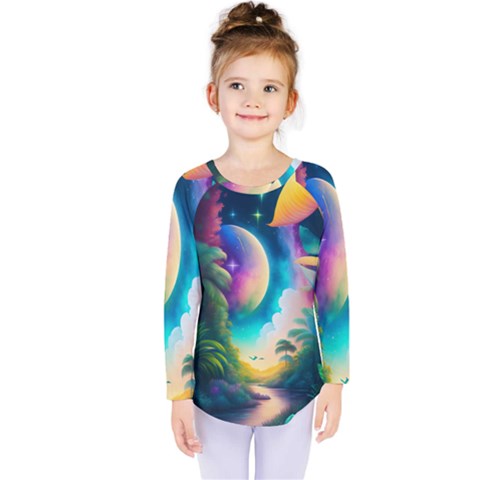 Jungle Moon Light Plants Space Kids  Long Sleeve T-shirt by uniart180623