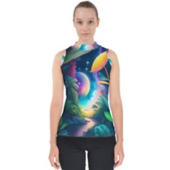 Jungle Moon Light Plants Space Mock Neck Shell Top by uniart180623