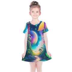 Jungle Moon Light Plants Space Kids  Simple Cotton Dress by uniart180623