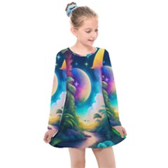 Jungle Moon Light Plants Space Kids  Long Sleeve Dress by uniart180623