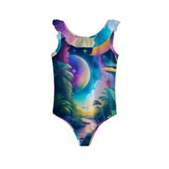 Jungle Moon Light Plants Space Kids  Frill Swimsuit by uniart180623