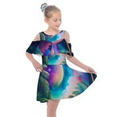 Jungle Moon Light Plants Space Kids  Shoulder Cutout Chiffon Dress by uniart180623