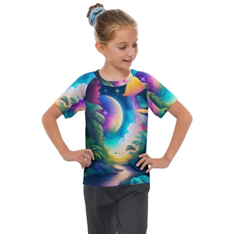 Jungle Moon Light Plants Space Kids  Mesh Piece T-shirt by uniart180623