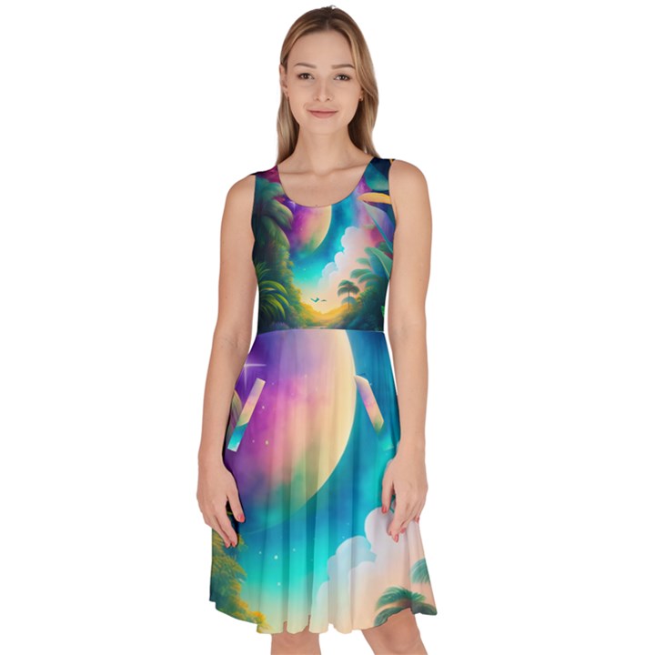 Jungle Moon Light Plants Space Knee Length Skater Dress With Pockets