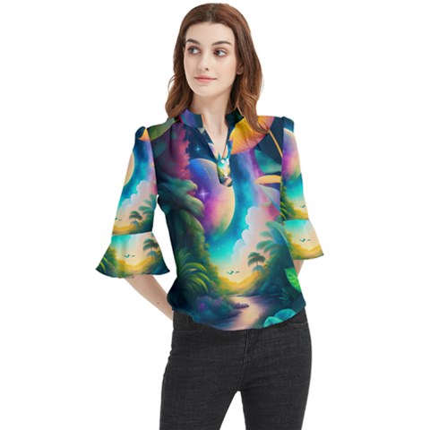 Jungle Moon Light Plants Space Loose Horn Sleeve Chiffon Blouse by uniart180623