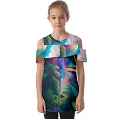 Jungle Moon Light Plants Space Fold Over Open Sleeve Top by uniart180623