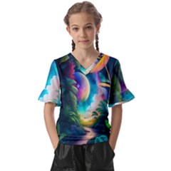 Jungle Moon Light Plants Space Kids  V-neck Horn Sleeve Blouse by uniart180623