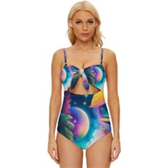 Jungle Moon Light Plants Space Knot Front One-piece Swimsuit by uniart180623