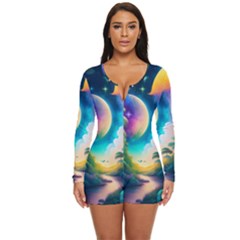 Jungle Moon Light Plants Space Long Sleeve Boyleg Swimsuit by uniart180623