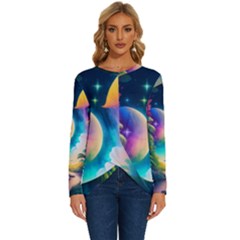 Jungle Moon Light Plants Space Long Sleeve Crew Neck Pullover Top by uniart180623