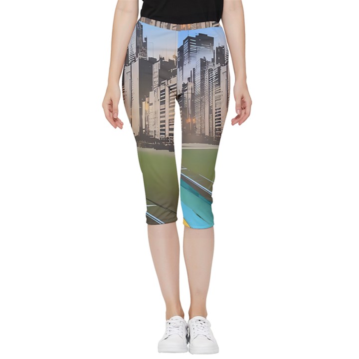 Building City Urban Path Road Skyline Inside Out Lightweight Velour Capri Leggings 