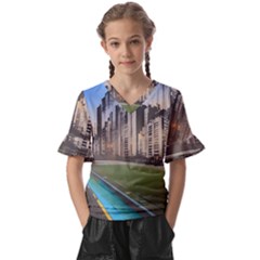 Building City Urban Path Road Skyline Kids  V-neck Horn Sleeve Blouse by uniart180623