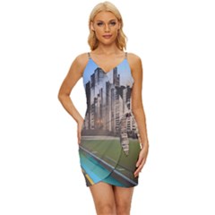 Building City Urban Path Road Skyline Wrap Tie Front Dress by uniart180623