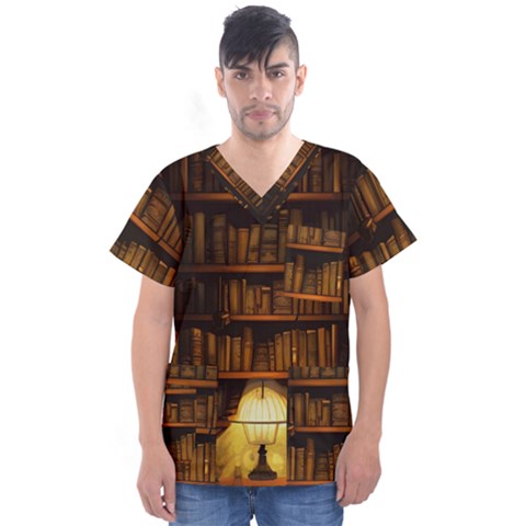 Books Library Men s V-neck Scrub Top by uniart180623