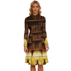 Books Library Long Sleeve Shirt Collar A-line Dress by uniart180623