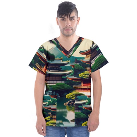 Japan Mount Fuji Japanese Men s V-neck Scrub Top by uniart180623