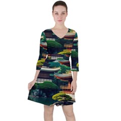 Japan Mount Fuji Japanese Quarter Sleeve Ruffle Waist Dress by uniart180623