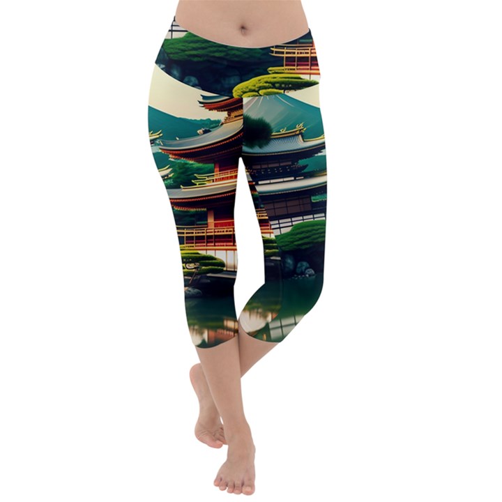 Japan Mount Fuji Japanese Lightweight Velour Capri Yoga Leggings