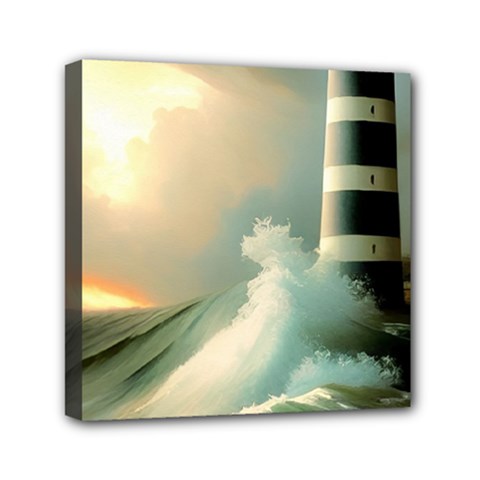 Sea Ocean Waves Lighthouse Nature Mini Canvas 6  X 6  (stretched) by uniart180623