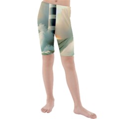 Sea Ocean Waves Lighthouse Nature Kids  Mid Length Swim Shorts by uniart180623