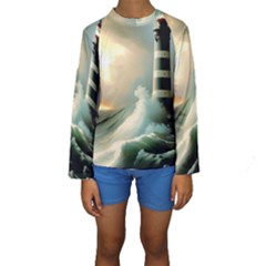 Sea Ocean Waves Lighthouse Nature Kids  Long Sleeve Swimwear by uniart180623