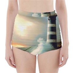 Sea Ocean Waves Lighthouse Nature High-waisted Bikini Bottoms by uniart180623