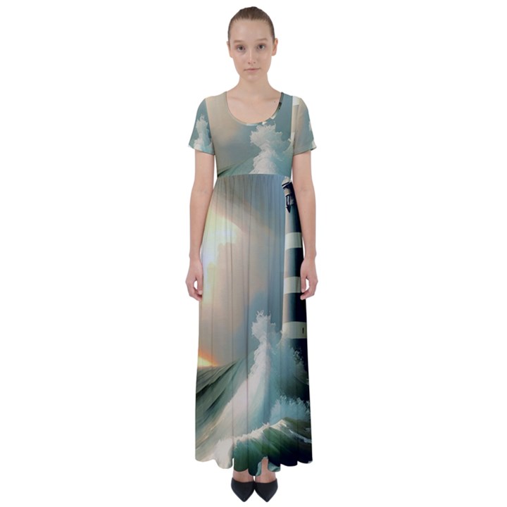 Sea Ocean Waves Lighthouse Nature High Waist Short Sleeve Maxi Dress