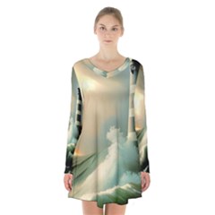 Sea Ocean Waves Lighthouse Nature Long Sleeve Velvet V-neck Dress by uniart180623