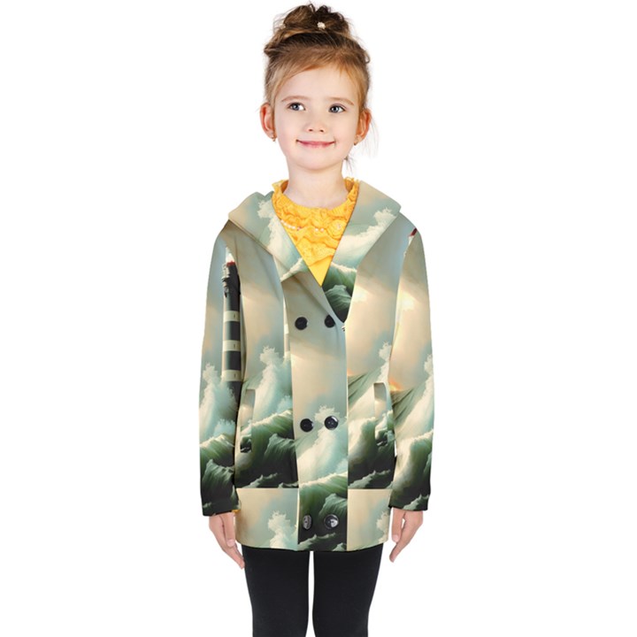 Sea Ocean Waves Lighthouse Nature Kids  Double Breasted Button Coat