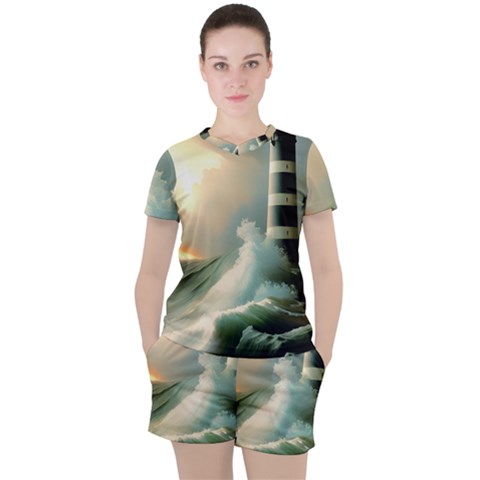 Sea Ocean Waves Lighthouse Nature Women s T-shirt And Shorts Set by uniart180623