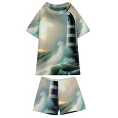 Sea Ocean Waves Lighthouse Nature Kids  Swim T-shirt And Shorts Set by uniart180623