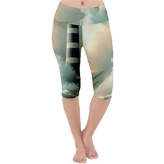 Sea Ocean Waves Lighthouse Nature Lightweight Velour Cropped Yoga Leggings by uniart180623