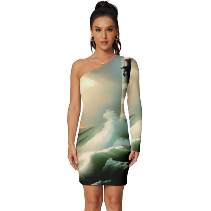 Sea Ocean Waves Lighthouse Nature Long Sleeve One Shoulder Mini Dress