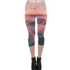 Ocean Waves Sunset Capri Leggings  by uniart180623