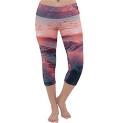 Ocean Waves Sunset Capri Yoga Leggings by uniart180623