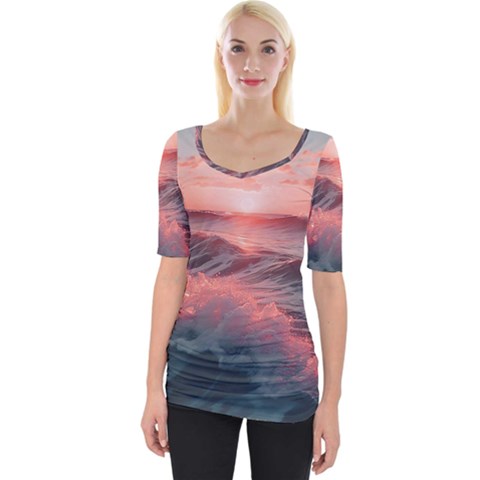 Ocean Waves Sunset Wide Neckline T-shirt by uniart180623