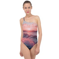 Ocean Waves Sunset Classic One Shoulder Swimsuit by uniart180623