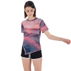 Ocean Waves Sunset Asymmetrical Short Sleeve Sports T-shirt by uniart180623