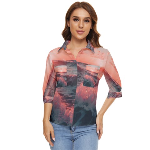 Ocean Waves Sunset Women s Quarter Sleeve Pocket Shirt by uniart180623