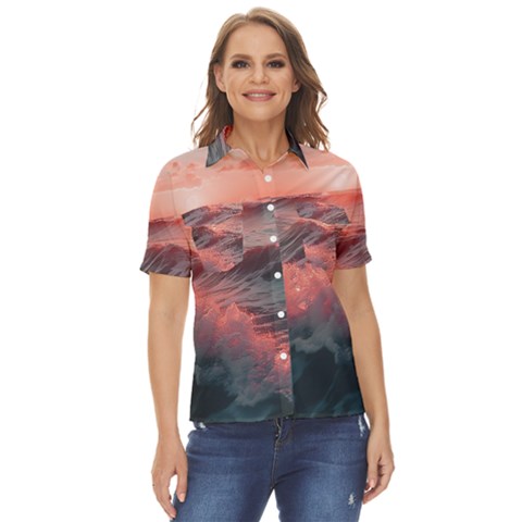 Ocean Waves Sunset Women s Short Sleeve Double Pocket Shirt by uniart180623