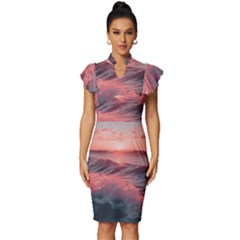 Ocean Waves Sunset Vintage Frill Sleeve V-neck Bodycon Dress by uniart180623