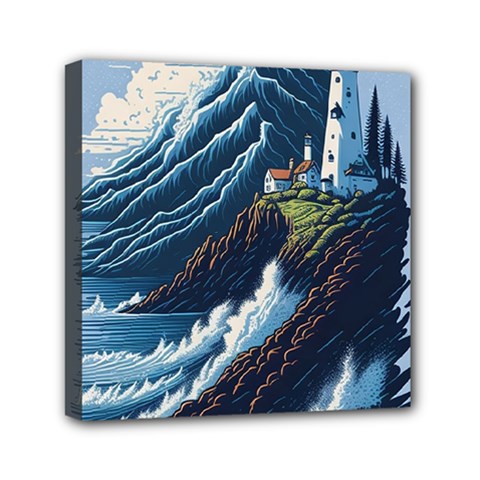 Lighthouse Sea Waves Mini Canvas 6  X 6  (stretched) by uniart180623