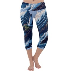 Lighthouse Sea Waves Capri Yoga Leggings by uniart180623